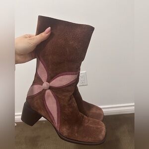 Vintage Indigo Suede Calf Boots w Flower Detail